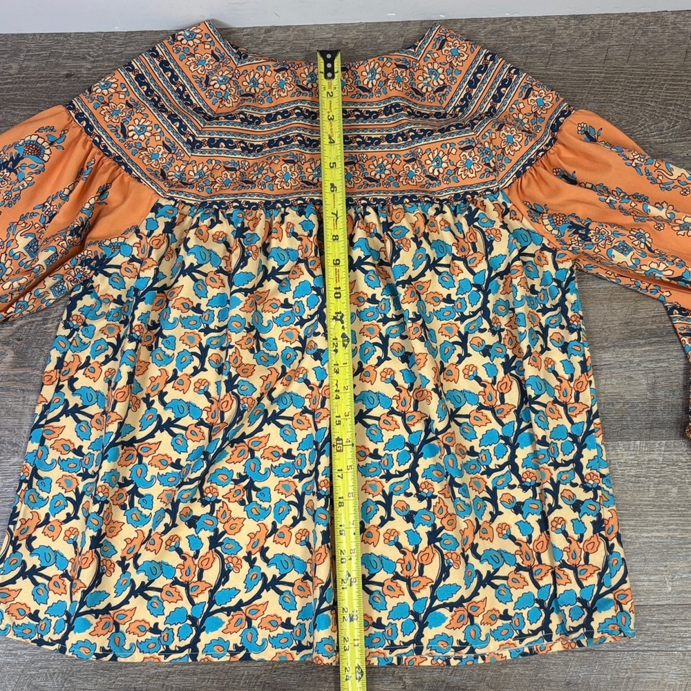 🌿 MISSLOOK Boho Floral Peasant Blouse – Size S – Peach & Turquoise - Picture 7 of 7